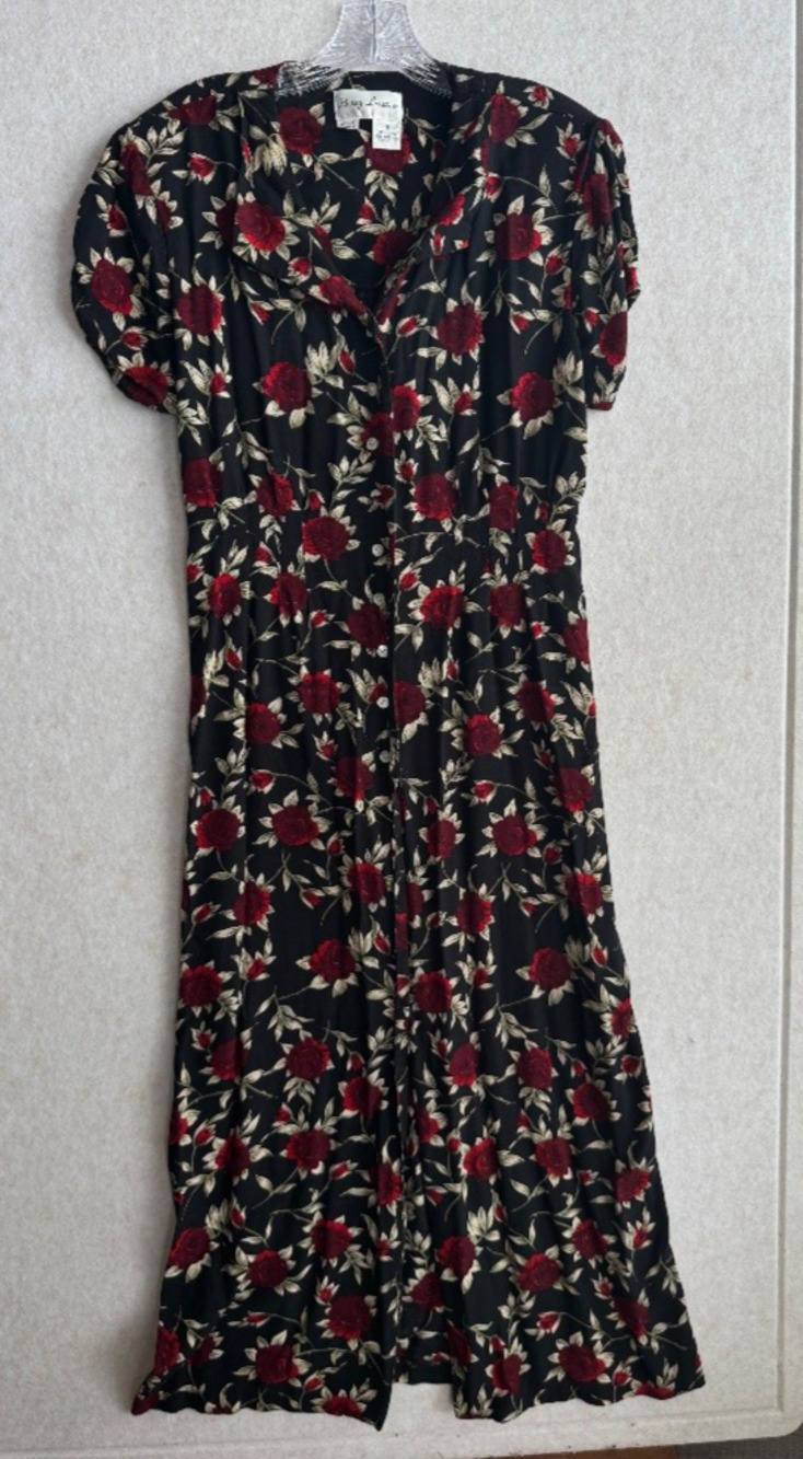 Vintage Betsy Lauren Black Red Rose Floral Rayon Button Maxi Dress Size 18